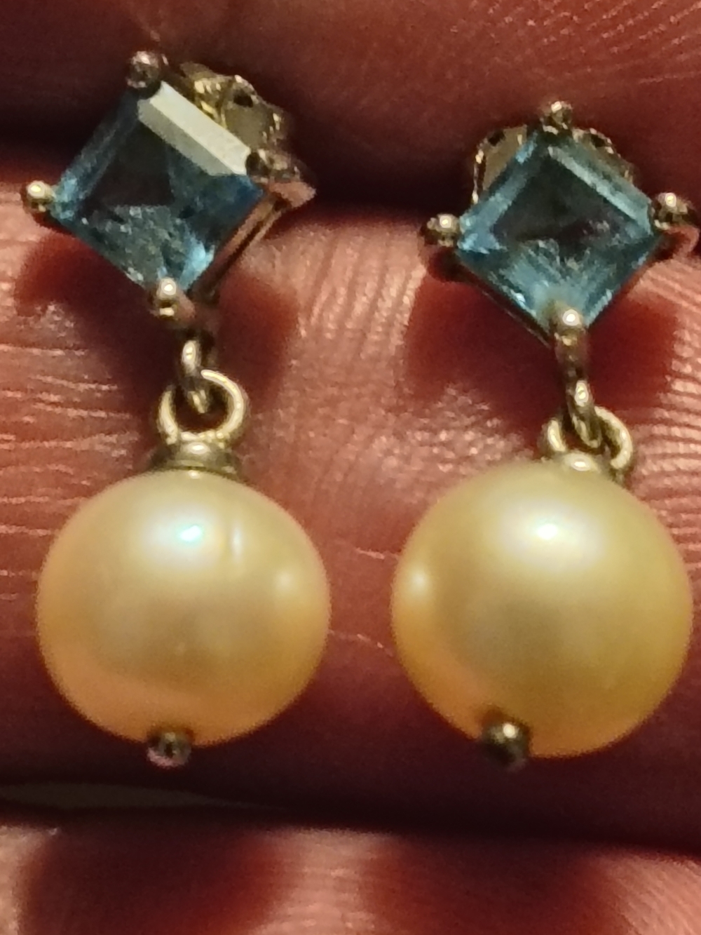 Beautiful Sterling Silver Blue Topaz & Pearl Drop Earrings Tested